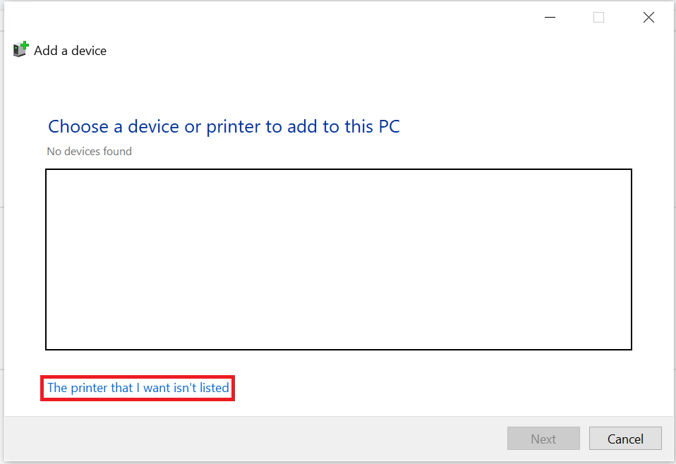 the windows printer selection dialog. A border is drawn around 'The printer that I want isn't listed'