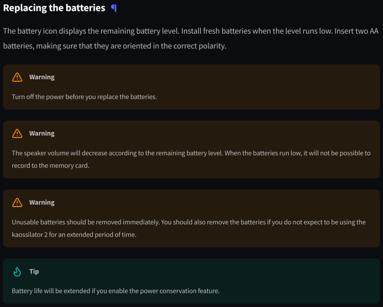 Several admonitions (3 warnings and a tip) being displayed under each other