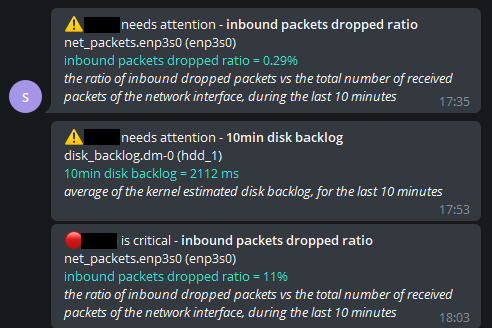 Screenshot of 3 Telegram messages. The first one (warning) says the ratio of dropped packets is 0.29%. The second one warns about the disk backlog being 2112 ms. The third is an error, and says that the ratio of dropped packets has gone to 11%.