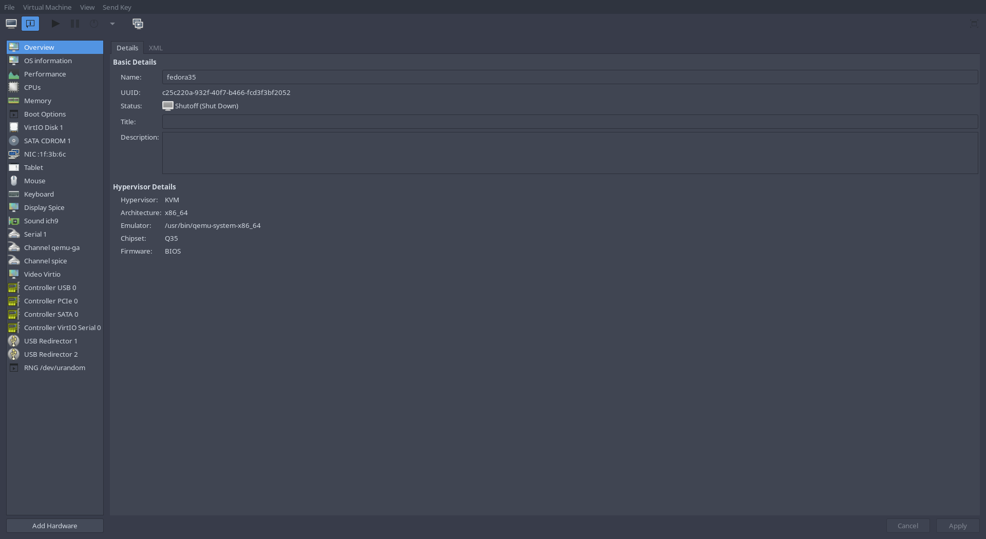 The virt-manager hardware window. The left pane contains the different categories. The right pane contains the setting for the specific category. Beneath the categore pane, there is a button called 'Add Hardware'