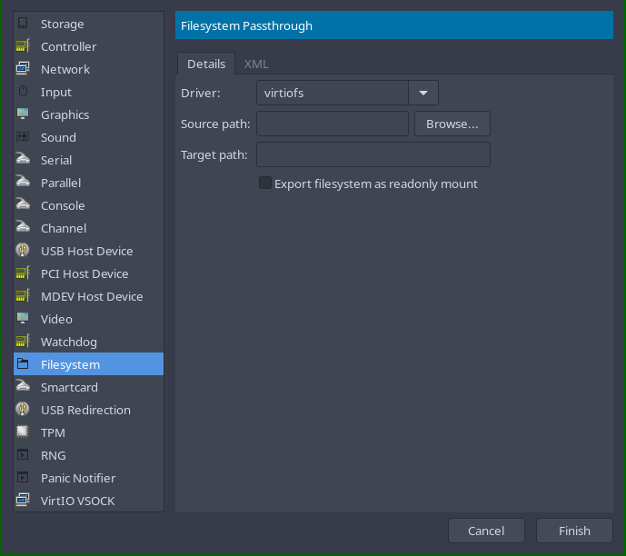 The 'Add Hardware dialog'. The left pane contains a list of hardware devices that can be added. The option 'Filesystem' is selected.