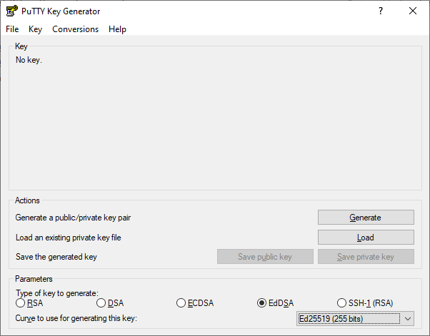 Dialog for PuTTYGen. Make sure EdDSA and Ed25519 are selected.