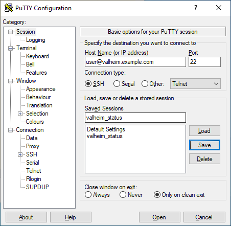 PuTTY session dialog